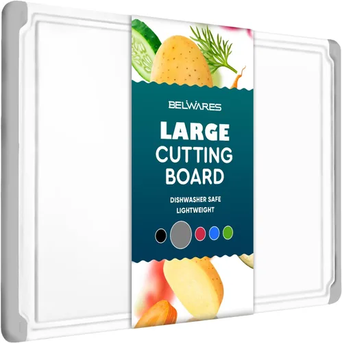 Vista 9 de Tabla de cortar de plástico para cocina, tabla de cortar extragrande de 18 pulgadas, ranura para jugos, pies antideslizantes, apta