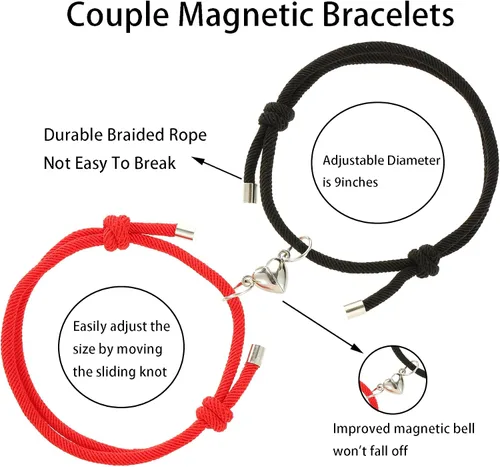 Vista 3 de GIEIWIW Pinky Promise Distance Matching Bracelets Friendship Couple Magnetic Bracelet Adjustable Cord Heart Bracelet For Graduation Valentine's Day