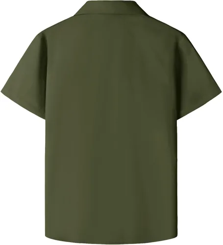 Vista 2 de JOGAL Camisas guayabera cubanas para niños de manga corta con botones, camisa casual de playa Verde militar