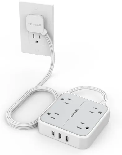 Vista 15 de TESSAN Cable de extensión plano protector de sobretensiones de 1 pie, regleta de enchufe con anillo con 4 tomas, 3 puertos USB (1 USB C), protección
