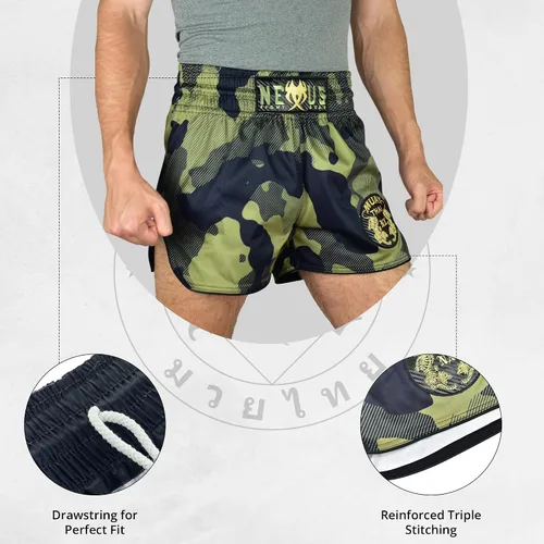 Vista 6 de Muay Thai - Pantalones cortos de boxeo tailandés verde, pantalones cortos militares de artes marciales para hombres y mujeres, artes marciales