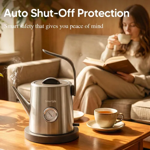 Vista 16 de Smartyle® Tetera eléctrica con termómetro, hervidor eléctrico de cuello de cisne de 1.0L, acero inoxidable 304, apagado automático, cafetera de 1200