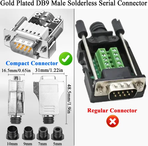 Vista 6 de QIANRENON Carcasa de metal DB9 conector serial sin soldadura compacto DB9 macho adaptador de terminal de crimpado chapado en oro D-SUB 9pin enchufe