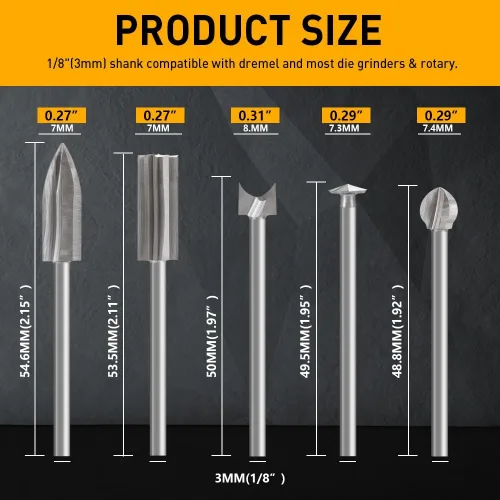 Vista 6 de Juego de brocas de tallado de madera compatible con Dremel herramienta rotativa 5 diferentes accesorios de taladro de grabado, herramienta