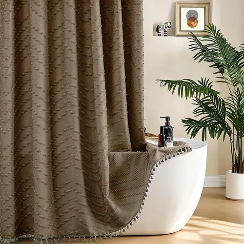Vista 164 de Cortina de ducha Siiluminisoy de 36x72 beige, cortina de ducha de tela de tamaño pequeño, cortinas de ducha de tela con tufting, diseño chevron a