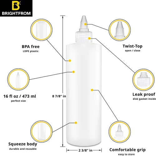 Vista 2 de BRIGHTFROM Botellas exprimibles para condimentos, botella vacía de 16 onzas, tapa superior giratoria transparente, a prueba de fugas, ideal