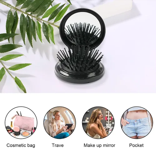 Vista 5 de 2 cepillos de pelo plegables para espejo de viaje, peine de pelo de bolsillo, cepillo de pelo con espejo, mini cepillo de pelo redondo para mujeres