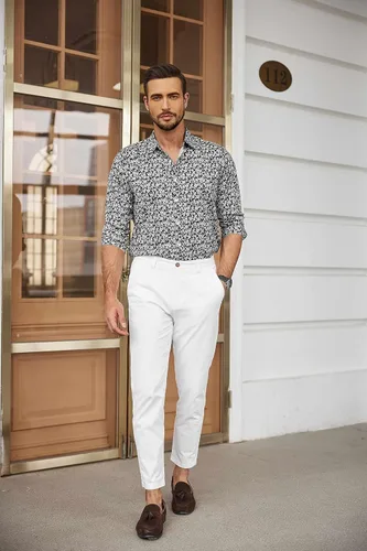 Vista 4 de COOFANDY Camisas de vestir florales para hombre, manga larga, ajuste regular, camisas casuales con botones