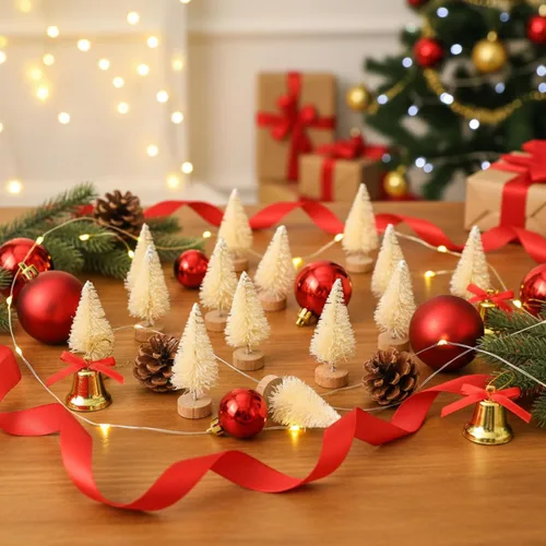 Vista 3 de Sumind 96 piezas de mini árboles de cepillo para botellas, pequeños árboles de Navidad artificiales con base de madera, mini árbol de sisal