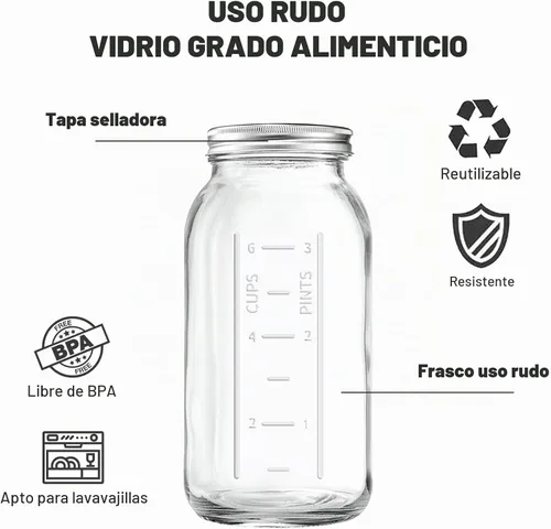 Vista 3 de FyndraX Tarro Mason de boca ancha de 64 onzas con tapa, frasco de vidrio transparente resistente hermético para conservas con banda de medio galón 1