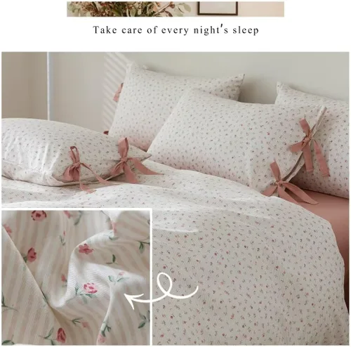 Vista 5 de MKXI Juego de ropa de cama con diseño de corbata de moño linda y rayas de flores rosas, tamaño individual, de algodón - Funda de edredón