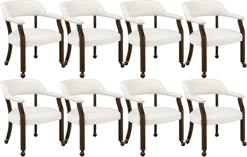 Vista 9 de LEEMTORIG Juego de 2 sillas de comedor con ruedas y brazo, sillas de comedor grandes con ruedas, silla de mesa de póquer de madera maciza, 26