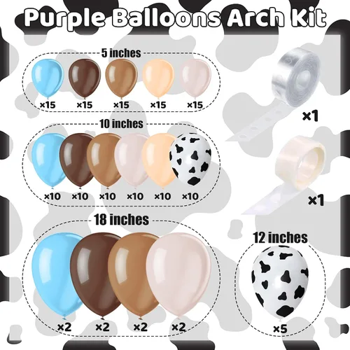 Vista 2 de Kit de arco de guirnalda de globos de vaca de 150 piezas, diseño de vaquera, azul, blanco, marrón, estampado de vaca, globos de animales de granja
