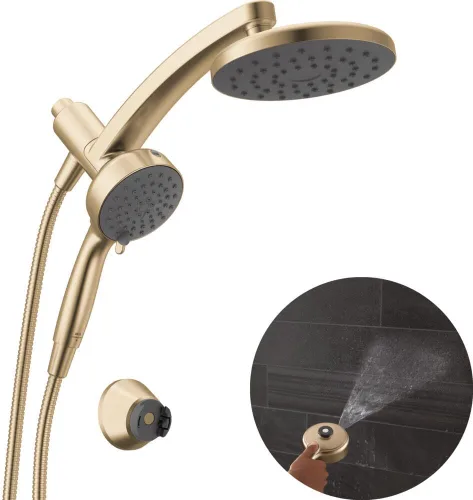 Vista 9 de Delta Cabezal de Ducha Combinado PivotPro 3 en 1 de 6 Ajustes con Rociador ProClean, Cabezal de Ducha Redondo Dorado Cepillado Tipo Lluvia