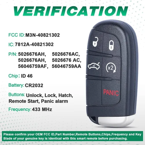 Vista 2 de Beefunny 433MHz ID46 Chip M3N-40821302 Reemplazo 4+1 5 Botón Smart Remote Key Fob para Chrysler 300 2011-2018 (2)