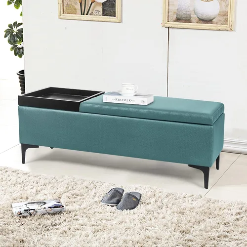 Vista 6 de Joveco Mesa auxiliar rectangular con bandeja elevadora, banco otomano de almacenamiento con patas de metal, banco tapizado en el extremo de la cama