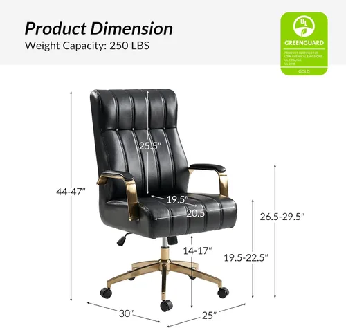 Vista 2 de HULALA HOME Silla de oficina ejecutiva moderna, silla de escritorio ergonómica copetuda de piel sintética con base chapada en oro y reposabrazos