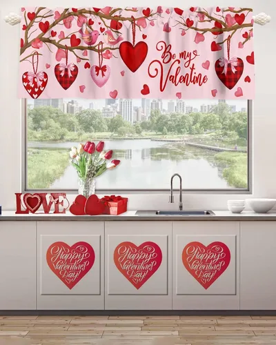 Vista 13 de Cenefa de primavera con amarre para ventanas de cocina, cenefas de cortina con lindos huevos coloridos de conejo, 42 x 12 pulgadas, 1 panel