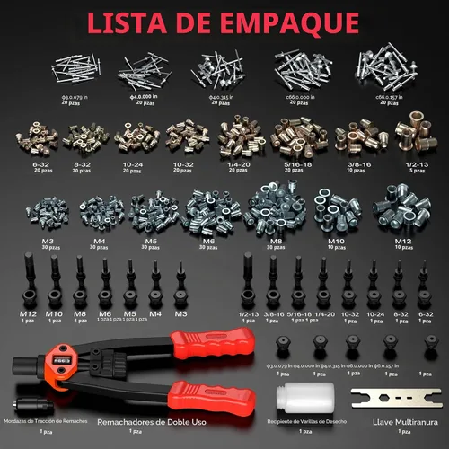 Vista 2 de Kit de pistola de remache de doble función, incluye 405 tuercas de remache, remaches ciegos, 15 mandriles, 5 boquillas de remache, multiusos