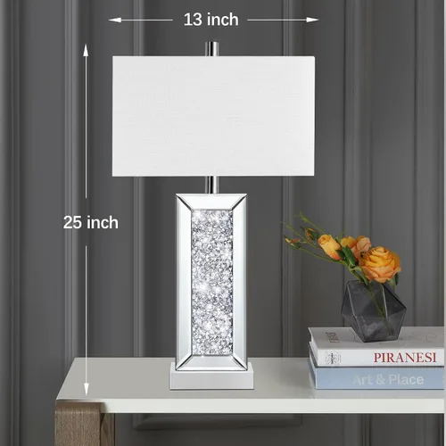 Vista 11 de Juego de 2 lámparas de mesa modernas con control táctil, lámpara de noche de espejo plateado con gran cristal de diamante, con puertos USB C+A