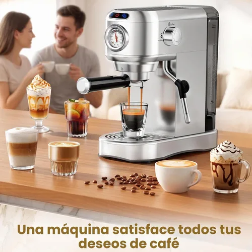 Vista 9 de Máquina de café espresso de 20 bares, cafetera compacta con espumador de leche, cafetera de acero inoxidable con tanque de agua extraíble de 34