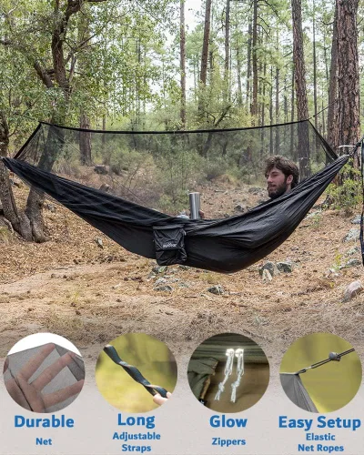 Vista 4 de Sunyear Hamaca para acampar con lona y red para mosca de lluvia, hamaca portátil para campamento, hamaca doble árbol, hamaca para exteriores