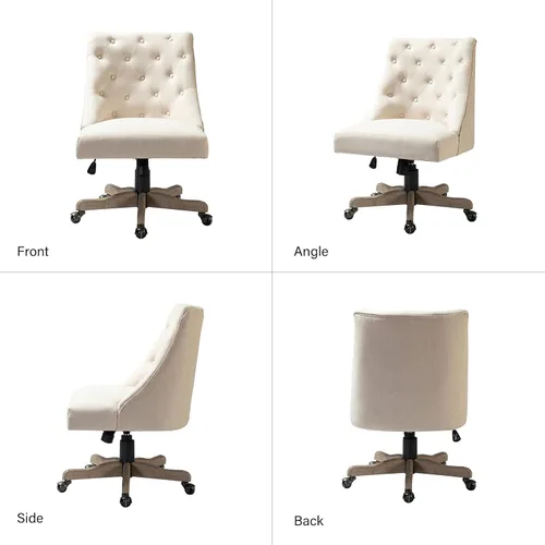 Vista 3 de Silla moderna de oficina en casa sin brazos, cómoda silla de escritorio tapizada con base de madera vintage, silla giratoria de altura ajustable