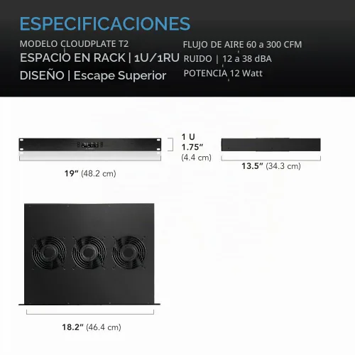 Vista 6 de AC Infinity CLOUDPLATE T2, ventilador de montaje en rack 1U, flujo de aire de escape superior, para refrigeración AV, cine en casa, racks de red