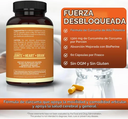 Vista 4 de Cúrcuma Curcumina con Bioperine 1300 mg con Black Pepper – Cápsulas de apoyo conjunto Suplementos nutricionales – 100% Herbal Tumeric Root