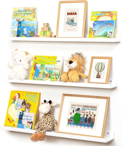 Vista 40 de FLYJOE Estante de repisa de fotos para pared, 24 pulgadas de madera de fresno maciza, estantes para libros de guardería, estantes flotantes