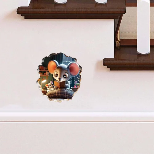 Vista 3 de Calcomanía de pared 3D con agujero de ratón - Calcomanía decorativa para pared de habitación de niños - Desmontable, se pega y se despega