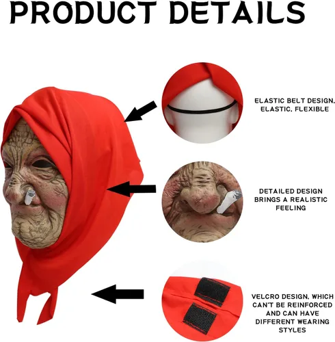 Vista 2 de Pigmiss Máscara de abuela fumadora para Halloween, con diseño de anciana aterradora, realista, con bufanda de tela para la cabeza, disfraces
