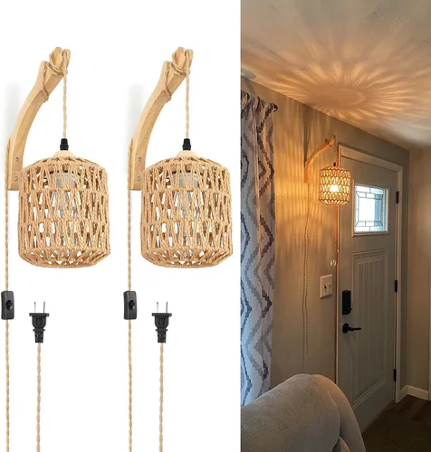 Vista 11 de Frideko Lámpara de Pared de Ratán con Cable de Enchufe Tejida a Mano Apliques de Pared con Enchufe Lámpara de Pared de Cuerda de Papel Aplique