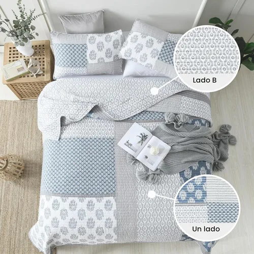 Vista 7 de Y-PLWOMEN - Juego de cama Queen con edredón/cubrecama de algodón 100% ligera, reversible, floral, rústico, para todas las estaciones Azul/Blanco/Gris