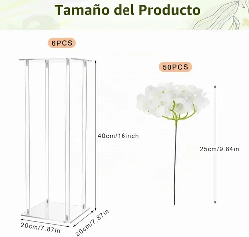 Vista 2 de Geetery Jarrón de acrílico alto para centros de mesa de boda, soporte elegante transparente con flores de hortensias artificiales para bodas