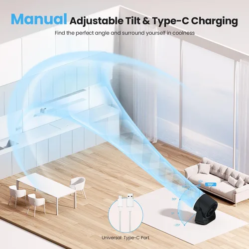 Vista 5 de Ventilador de escritorio pequeño, circulador de aire de escritorio ultra silencioso de 28 dB con inclinación ajustable de 115°, 100 velocidades