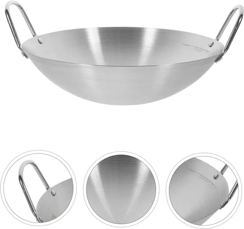 Vista 4 de DECHOUS Wok de camping antiadherente de acero inoxidable, 11 pulgadas de diámetro, doble mango, diseño de fondo redondo que atrapa el calor