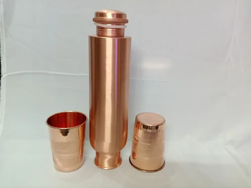 Vista 3 de Botella de agua de cobre puro para beber con 2 vasos, a prueba de fugas, recipiente con tapa de boca ancha, 34 onzas líquidas