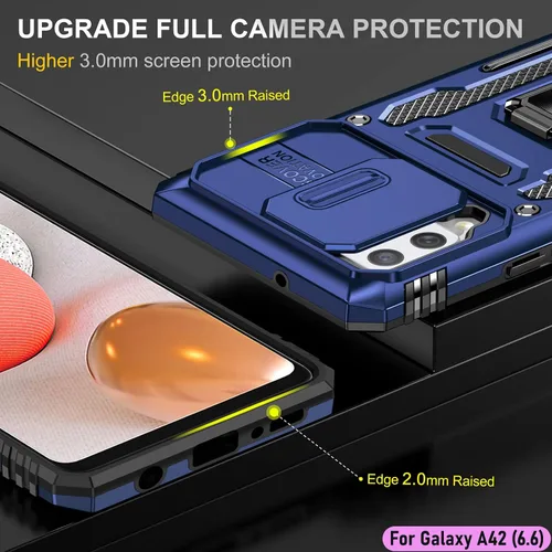 Vista 6 de Funda resistente para Samsung Galaxy A42 (5G), protector híbrido de goma de doble capa de grado militar con protector de cámara deslizante, soporte