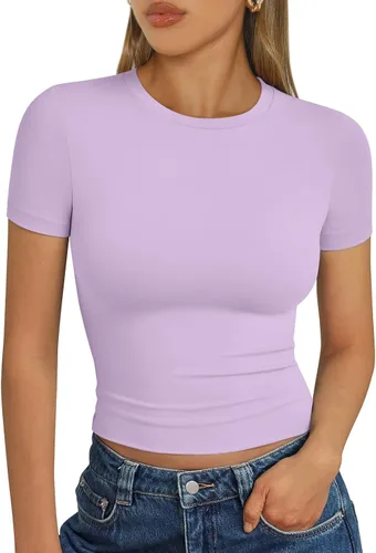 Vista 38 de Trendy Queen - Camisetas básicas para mujer, camisetas de verano 2025, de manga corta, ajustadas, para gimnasio, entrenamiento, ropa estilo Y2K