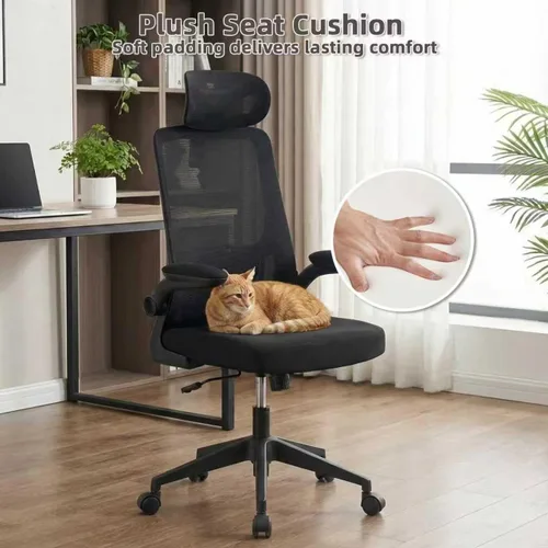 Vista 5 de Silla de oficina ergonómica con reposacabezas, silla de escritorio de malla con respaldo alto, soporte lumbar ajustable, silla giratoria