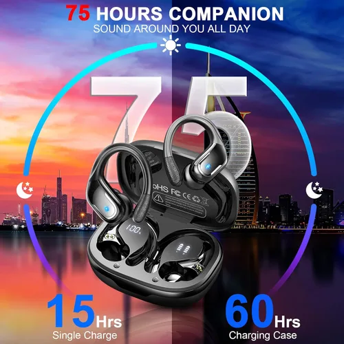 Vista 2 de Auricular Inalámbrico, Auriculares Bluetooth 5.4 de 75Hrs IP7 Impermeables para Deporte, Auriculares Inalámbricos para Correr con ENC Cancelación