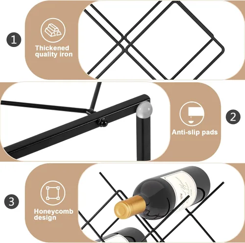 Vista 6 de Urban Deco Estante pequeño para 5 botellas, moderno almacenamiento de vino de alambre de metal para encimera, mesa, café, bar, cocina, color negro