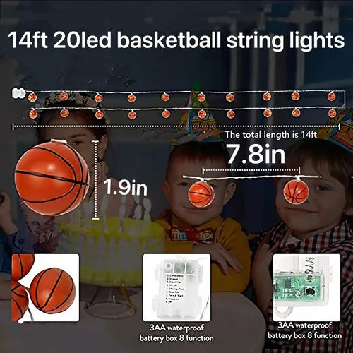Vista 3 de Luces de Cadena de Baloncesto, 14 pies 20 LED Alimentadas por Batería para Interiores, Decoración Deportiva Pelota Fiesta Temática Deportiva Luces