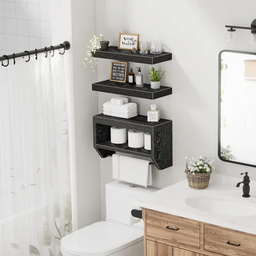 Vista 4 de Estantes flotantes de baño QEEIG para pared - Estante sobre inodoro para almacenamiento de papel higiénico estilo granja 40.6 cm, juego de 3, negro
