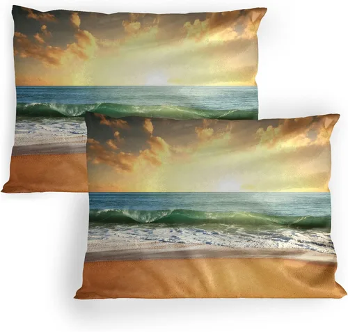 Vista 25 de Lunarable Ocean Pillow Sham Set of 2, Sunset at a Smooth Sandy Beach with Small Wave and Bubbles from The Sea, Quality Microfiber Bedding Item for