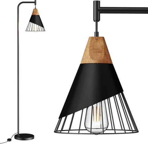 Vista 10 de Lámpara de pie industrial de 67 pulgadas con pantalla de madera y metal negro, lámpara de pie moderna, lámpara alta rústica estilo granja para sala