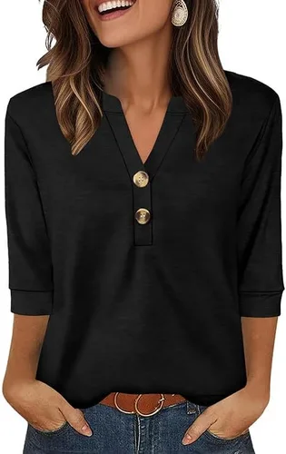 Vista 19 de OFEEFAN - Camisetas de manga 3/4 estilo Henley para mujer, blusas de moda de otoño 2025, atuendos escolares para maestras Raya
