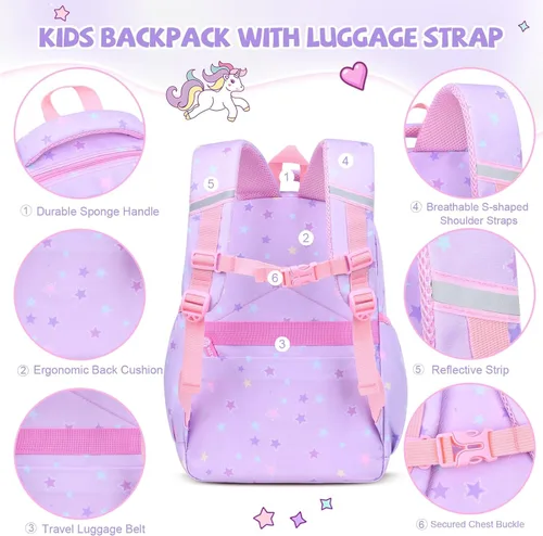 Vista 3 de Mochilas para niñas, escuela, lindas mochilas para niños, con lonchera aislada, juego para la escuela primaria, púrpura (Star Purple), Mochila