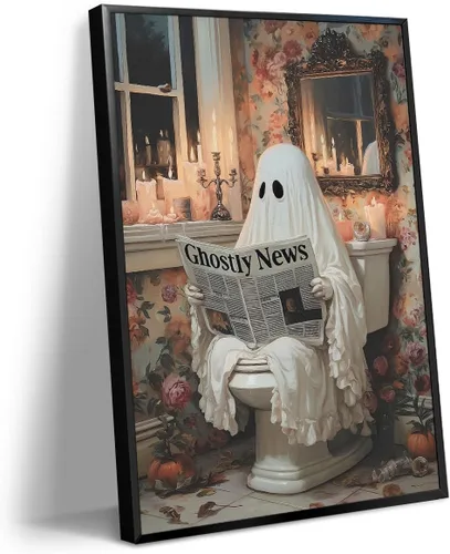 Vista 7 de Lienzo decorativo de Halloween para pared, póster de fantasma y gato negro en la bañera, imagen espeluznante de fantasma y flores, impresión